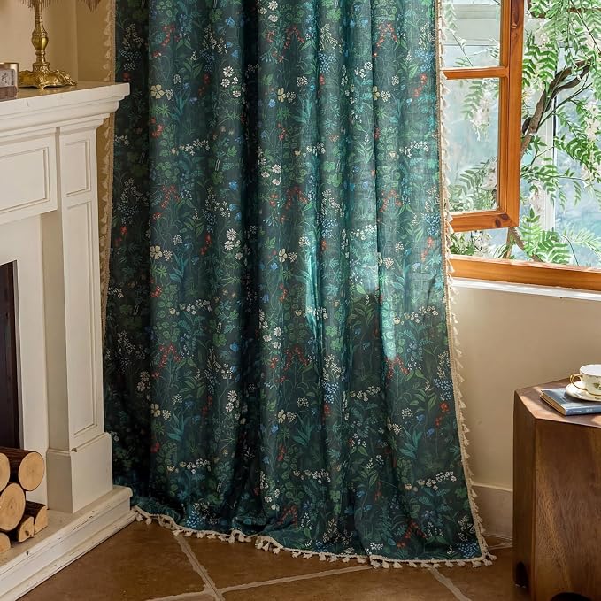 OYX Boho Floral Curtains 96 Inch, Linen Farmhouse Flower Drapes with Lace & Tassels, Light Filtering Semi Sheer Curtains for Living Room Bedroom, 2 Panels