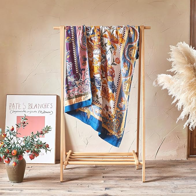 Boho Throw Blanket - 90"x90" 100% Cotton Ultra Soft Lightweight Blanket, 4-Layer Breathable Muslin Blankets for Bed Couch, Reversible Yellow Floral Printed Bohemian Cotton Quilt