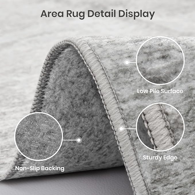 Valenrug Washable Round Area Rugs 6x6 - Stain Resistant 6ft Round Rugs for Living Room, Non Slip Backing Printed Rugs for Bedroom, Folable Machine Washable Area Rug (6ft, Grey)