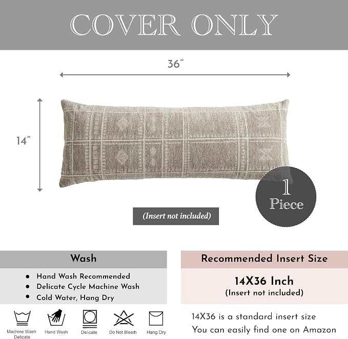 BlissBlush Decorative Lumbar Pillow Cover 14x36, Long Decorative Throw Pillow for Bed, Taupe Boho Textured Chenille Accent Pillowcase for Bedroom Home Décor (Cover Only)