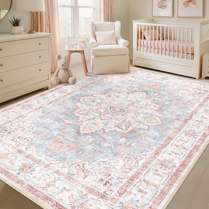 CAPALOCA Machine Washable Rugs Nursery Rug 7x9 Cute Girl Non Slip Low Pile Water Repellent Soft Print Pattern for Bedroom Indoor Decor Kids Playroom Pink Blue