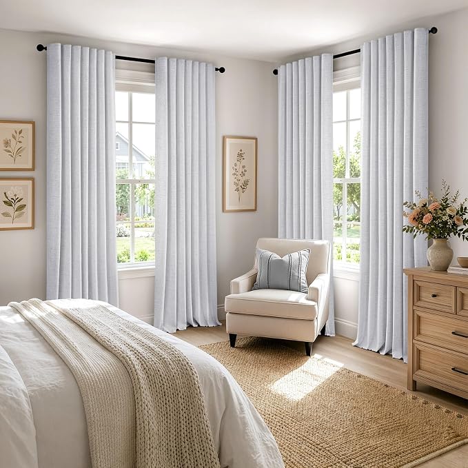 MIULEE 100% Blackout Linen Curtains for Bedroom, Grayish White Solid Luxury Decor Thermal Insulation Room Darkening Drapes for Living Room Back Tab Rod Pocket 42 x 108 Inches, 2 Panels