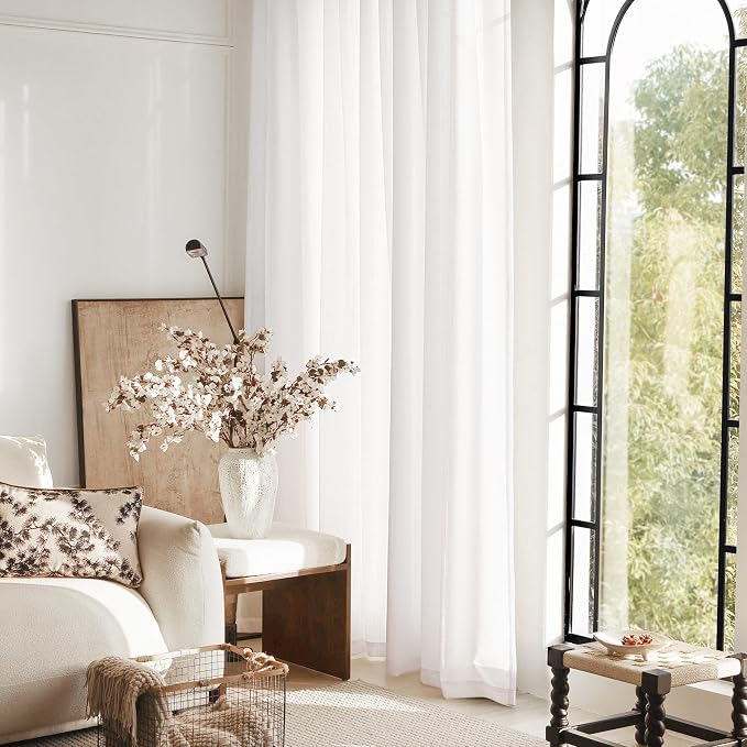 Extra Long White Curtain 120 inches Long 2 Panels Set Back Tab Light Filtering Cotton Textured Curtain Modern Farmhouse Coastal Decor Off White Linen Drapes 120 inch Length for Large Window 10 FT Tall