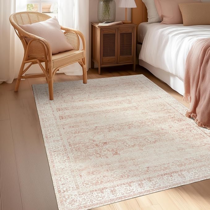 BILEEHOME Vintage Pink Rug 4x6 Washable Non Slip Floral Aesthetic Indoor Rugs for Entryway Kitchen Low Pile Carpet for Laundry Room Bathroom Front Door Mat for Entrance 4 x 6