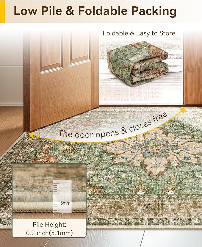 RELEANY Area Rugs Runner 2'6"x8' Washable Non-Slip, Floral Vintage Distress Medallion Carpet for Kitchen Hallway Bedroom Beside Laundry Room Bathroom, Terracotta Burnt Orange Green