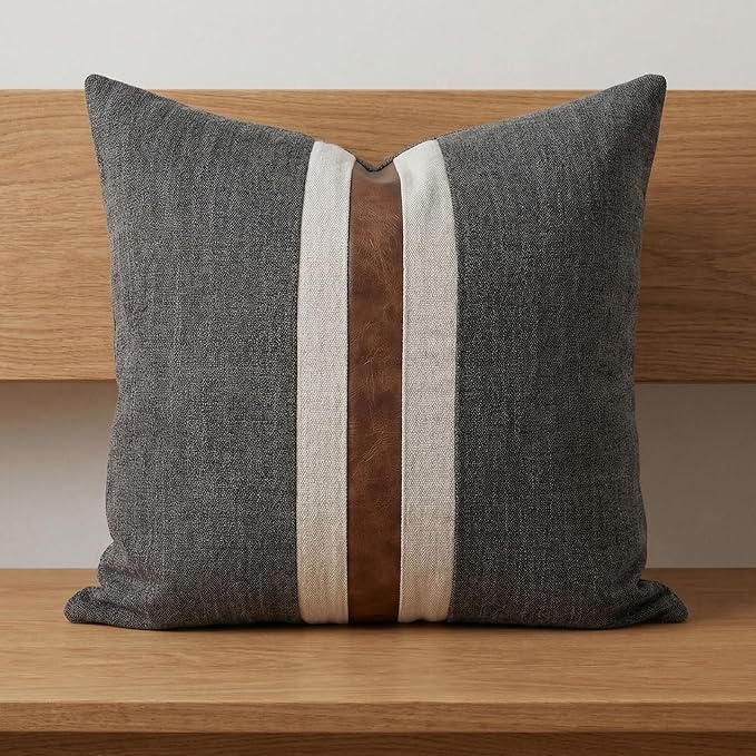 Set of 2 Leather Throw Pillow Covers Cotton Linen Decor Patchwork Pillow Cover Faux Leather Pillows Cover for Couch Sofa Living Room Bedroom,Black 24"x24"