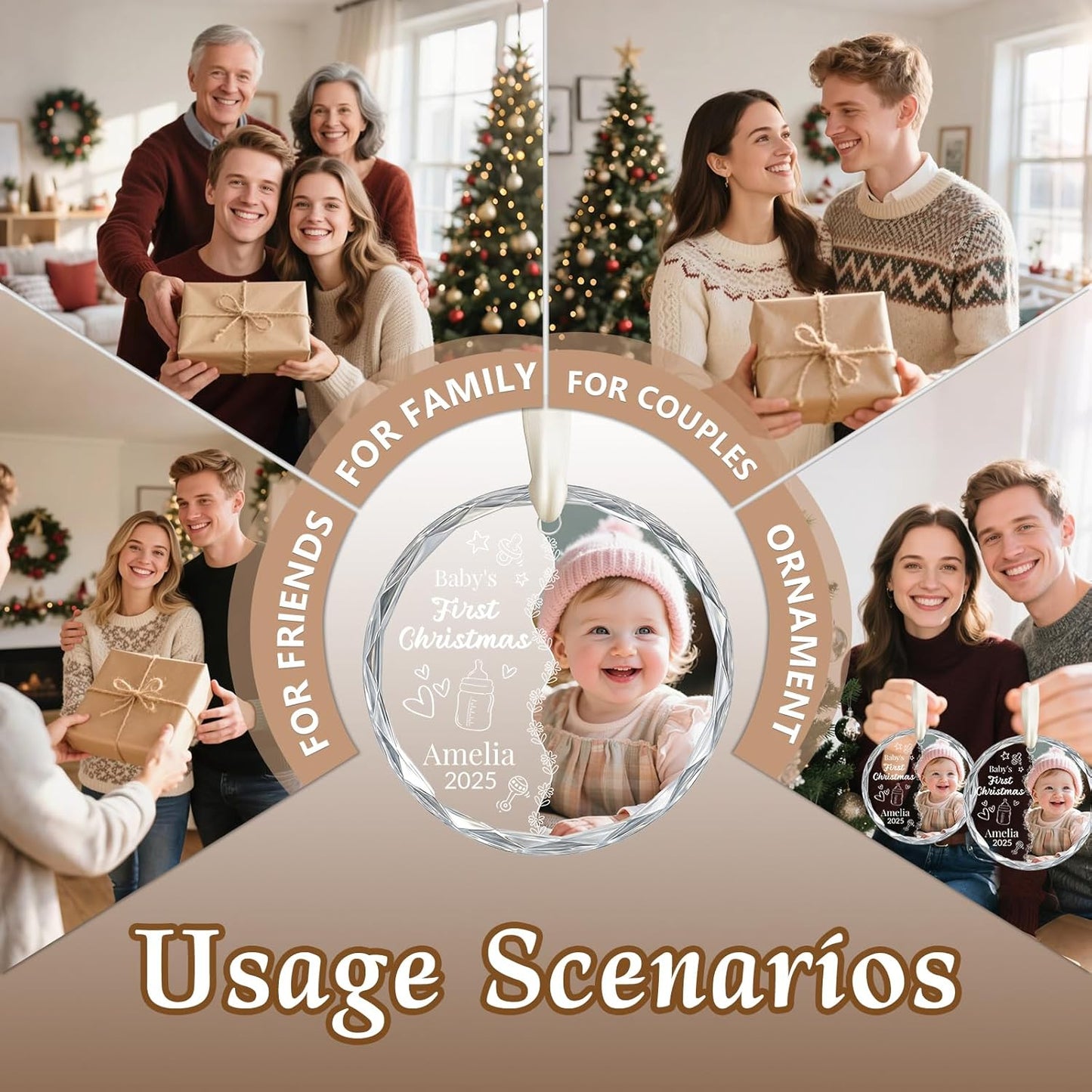 Personalized Baby's First Christmas Ornament 2025, Custom Christmas Photo Crystal Glass Ornaments with Name or Date, Personalized Christmas Tree Decor Gifts for Family, Friends,Pet or Baby