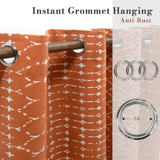 ColorBird 100% Blackout Boho Heat Sun Blocking Curtains & Drapes for Bedroom Living Room Floor to Ceiling 96 Inches Burnt Orange Patterned Decorative Thermal Curtains Dining Rustic Western Room Decor
