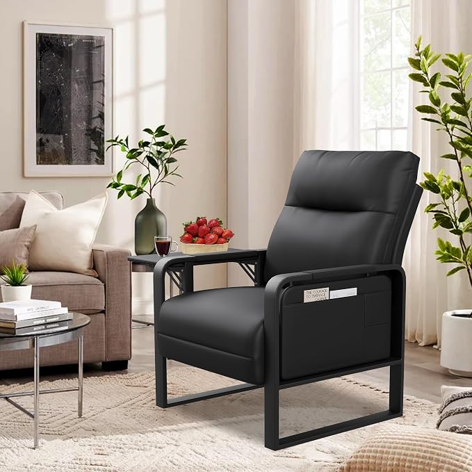 Black Accent Chair PU Leather Upholstered Armchair with Side Table | Modern Ergonomic Accent Chair for Living Room Bedroom Reading Chair with Side Pocket Corner Chair Office Reception Side Chair