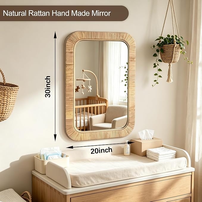 Decorative Rattan Wall Mirror, Boho Bathroom Modern Makeup, Rustic Wall Bohemia Mirrors for Bedroom, Living Room, Vanity Versatile Farmhouse, Nursery, Bathroom (Rectangular 30“x20”, X Small)