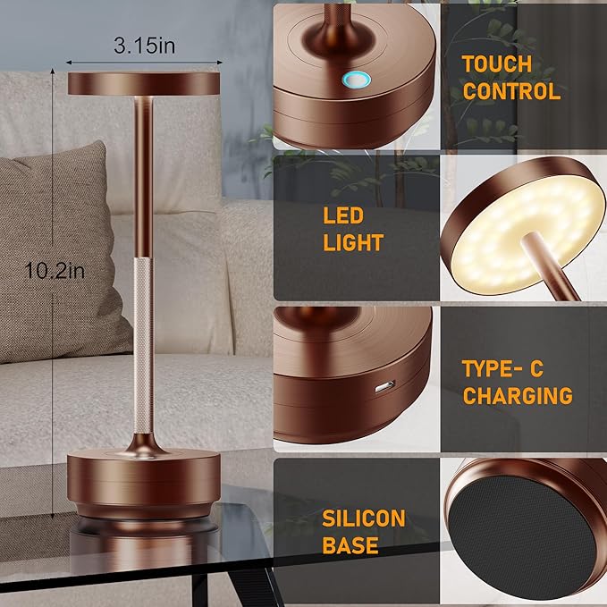 SAKRINGT 2 Pack Rechargeable Cordless Table Lamp - Battery Operated LED Portable Table Light with 3 Color Stepless Dimming, Memory Function - IP54 Waterproof for Outdoor, Restaurant, Patio, Camping