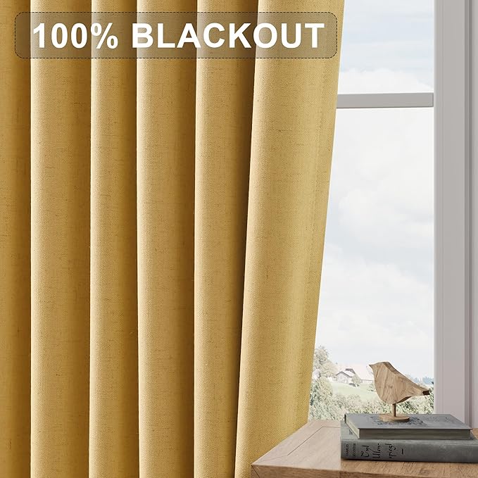 Joywell 100% Blackout Linen Curtains 108 Inch Long for Large Bedroom Window Black Out Curtain Light Blocking Drapes Floor to Ceiling Hook Belt Back Tab 2 Panels Set,52 x 108,Gold