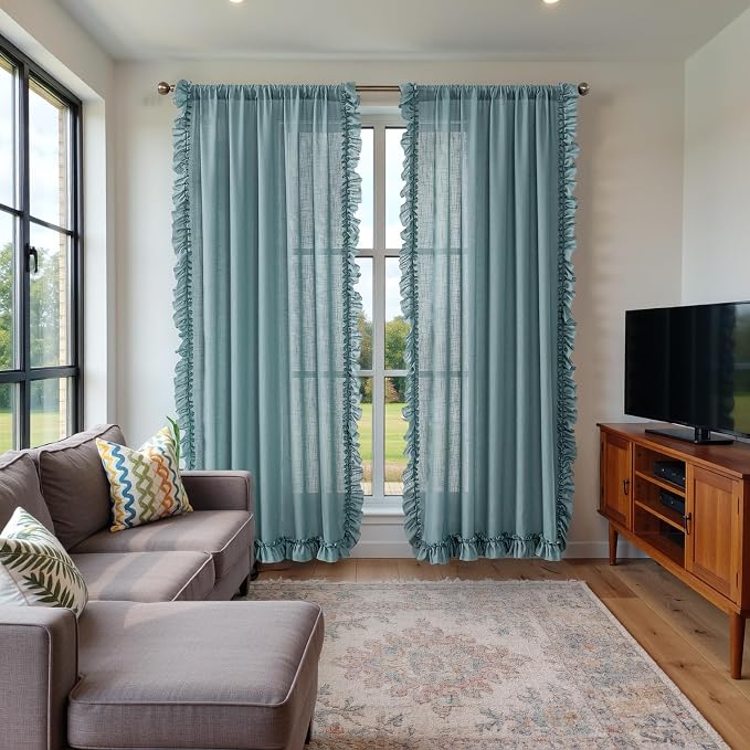 TERLYTEX Stone Blue Ruffle Curtains 84 Inches Long 2 Panels, 58 x 84 Inch, Linen Textured Flowy Window Curtains for Living Room Bedroom Rod Pocket Privacy Light Filtering Semi-Sheer Ruffled Curtain
