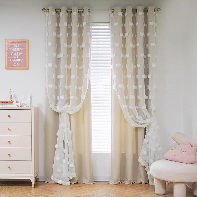 MYSKY HOME Kids Curtains for Girls Bedroom Double Layer Curtain for Daughter Room 72 Inches Long Pom Pom Sheer Drapes Beige Curtains for Living Room Grommet Room Darkening Panels W52 X L72