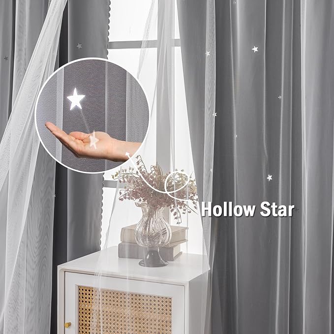 Greyish Star Blackout Curtains 102 Length for Boy Bedroom 2 Panels Set, Privacy Boho Room Darkening Curtain for Glass Door, Thick Grommet Top Star Cutout Cute Kids Curtain (40" W x 102" L)