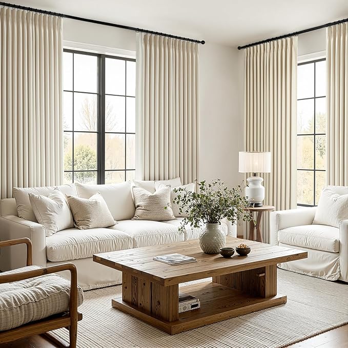 102 Inches Long 100% Blackout Ivory Beige Linen Curtains,Farmhouse Pinch Pleated Noise Cancelling Curtains with Pin Hooks for Traverse Rods, Burlap Viral Drapes 2 Panels for Living Room Master Bedroom