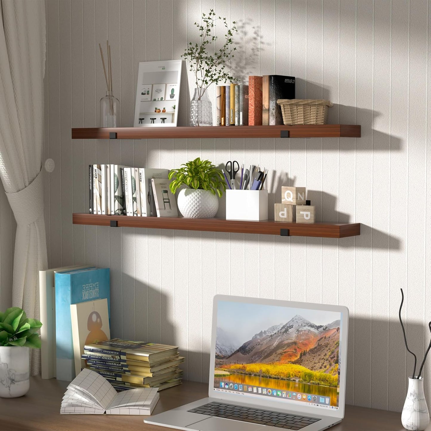 CONSDAN Floating Shelves for Wall Mounted Book Shelf Hanging Shelves Floating Bookshelf for Bedroom, Bathroom, Living Room, Kitchen USA Grown Solid Hardwood, Dark Maple 36x7.5x1.5 in (Set of 3)