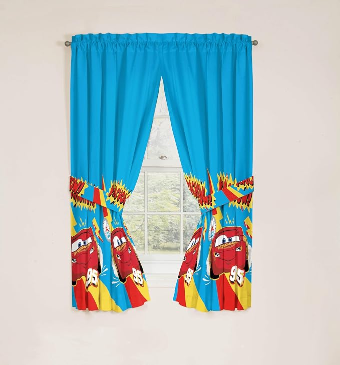 Sunny Side Up Window Curtains for Kids Bedroom 4-Piece Drape Set with 2 Tiebacks, Blue - Cars, 42" W x 63" L (Pack of 2)