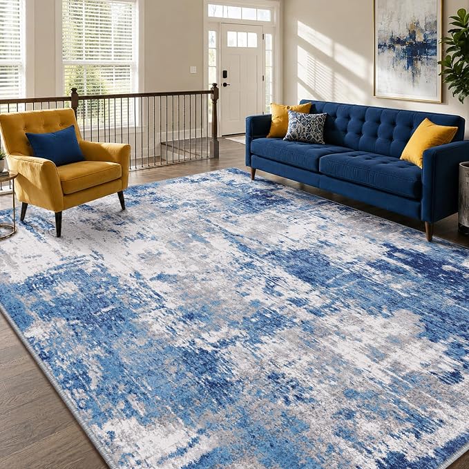 RELEANY Washable Area Rugs 9'x12' Non-Slip Modern Abstract Soft for Living Room Entryway Bedroom Kitchen, Print Pattern, Blue Grey Navy Gray