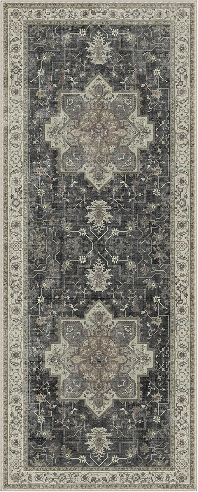 GENIMO 2x10 Runner Rugs for Hallway, Machine Washable Non Slip Vintage Rugs, Low Pile Lightweight Soft Print Rug for enrtyway, Corridor, Home, Office, Kitchen, Muted Charcoal Beige
