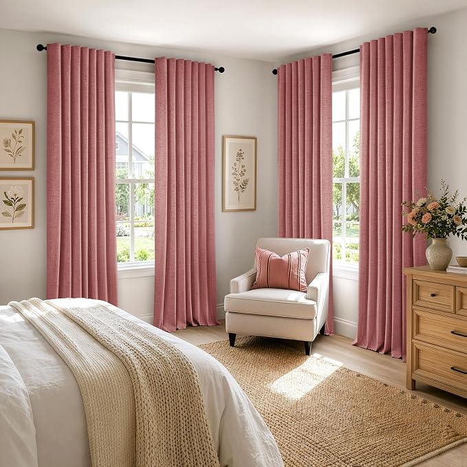 MIULEE 100% Blackout Linen Curtains for Bedroom, Dusty Rose Solid Luxury Decor Thermal Insulation Room Darkening Drapes for Living Room Back Tab Rod Pocket 42 x 96 Inches, 2 Panels