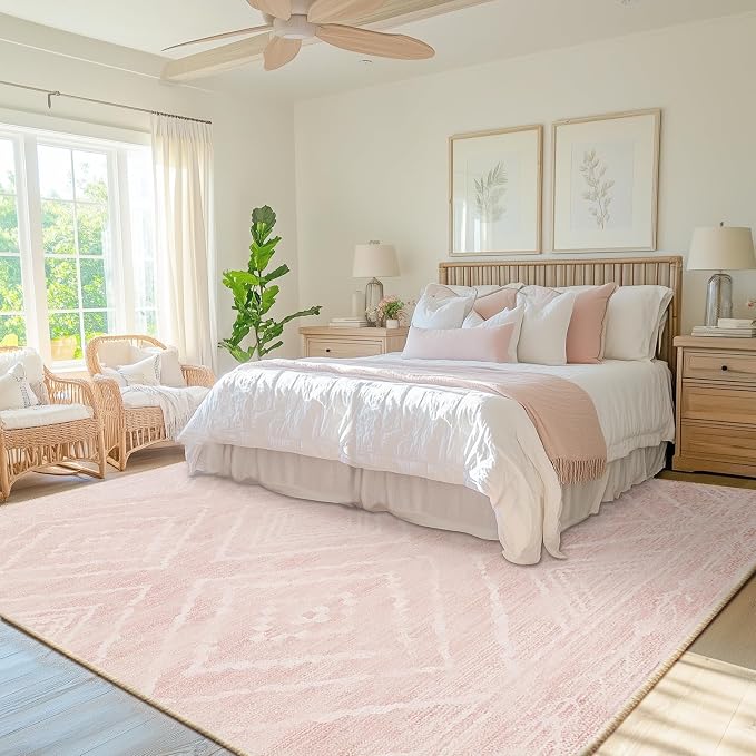 BESTSWEETIE Area Rug 8x10 Rug Machine Washable Non-Slip Low Pile Print Pattern Western Rug for Living Room Bedroom Entryway Tribal Series -Light Pink/Cream
