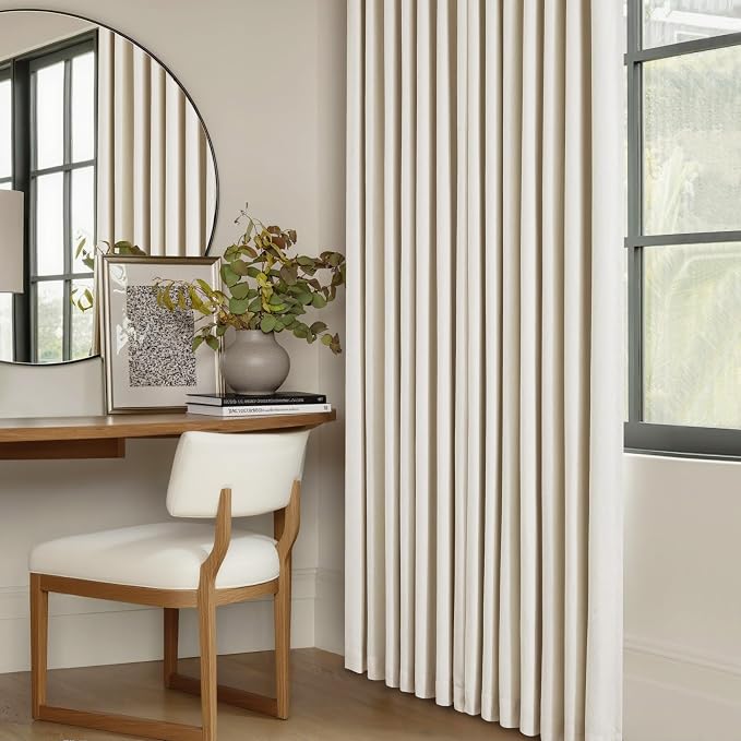 Beige Linen Pinch Pleat Blackout Curtains 84 Inch Length 2 Panels 100% Black Out Curtains with Hooks Rings Track Back Tab for Bedroom Living Room Darkening Soundproof Pinch Pleated Drapes 2 Layer