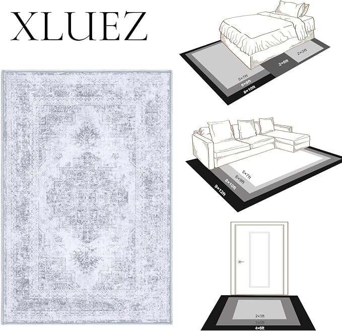 XLUEZ Area Rug 6x9 Living Room Rug, Machine Washable Vintage Distressed Medallion Rug Non-Slip Soft Low Pile Large Indoor Rugs for Bedroom Kitchen Dining Room Office(LightGrey,6'x9')