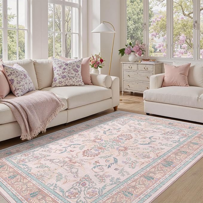 DCX 4x6 Pink Vintage Floral Rug, Machine Washable Non Slip Low Pile Carpet for Girl’s Bedroom, Nursery, Dorm, Kid & Pet Friendly Soft Stain Resistant Rug