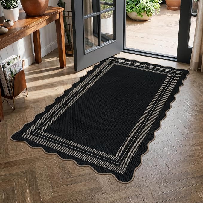 LIVEBOX Scalloped Washable 3x5 Outdoor Rug, Black Easy Jute Rug for Entryway Kitchen, Indoor Non Slip Patio Rugs Farmhouse Neutral Carpet for Bedroom Living Room Backyard Front Door Mat Porch Decor