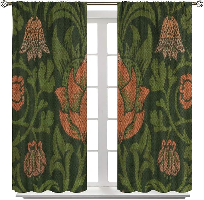 Vintage Bohemia William Morri Plant Flowers Blackout Window Curtains, Abstract Art Retro Plants Pattern Print Window Drapes, for Bedroom Living Room 31.5(W)*72(L) 2 Panels