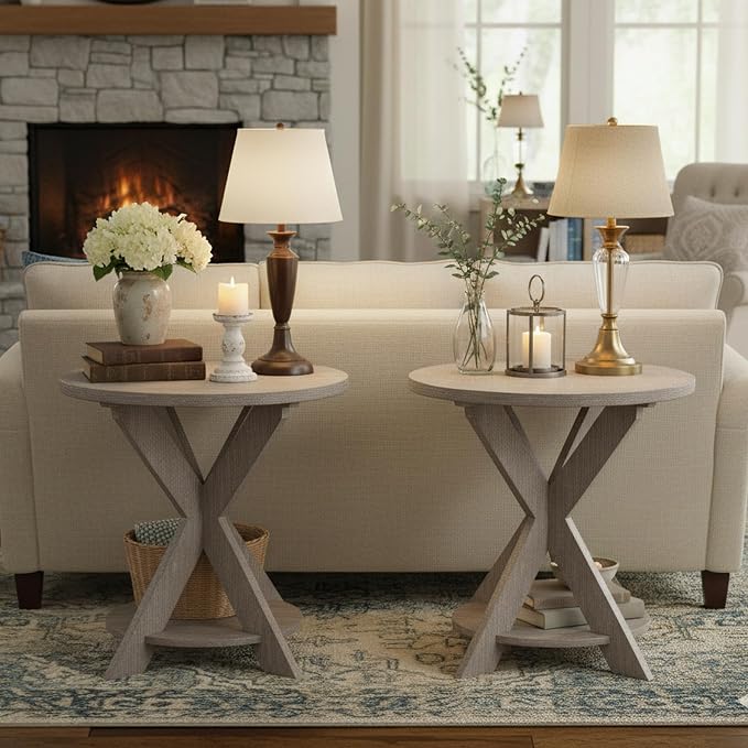 Set of 2 Farmhouse Cross Leg end Table, French Country Accent Side Table for Family, Dinning or Living Room, Small Spaces, Modern, Round, Vintage Grey Finish. (2 Pack)