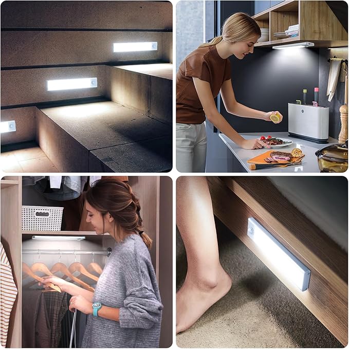 6 Pack Under Cabinet Lighting Wireless, 40 LED Rechargeable Battery Motion Sensor Light Indoor, Stick On Magnetic Closet Lights, Under Counter Lights for Kitchen, Stairs, White 10 in