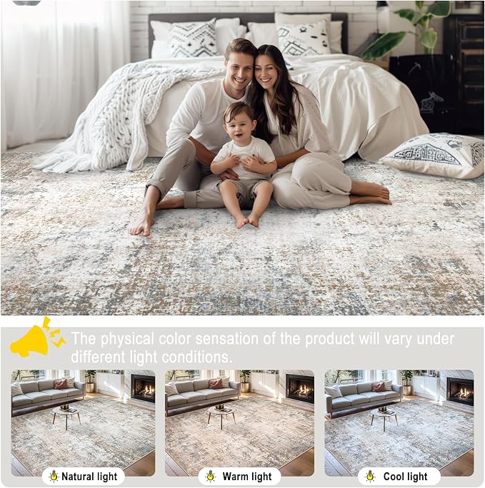 Area Rugs 9x12 Living Room - Washable Rug Modern Abstract Soft Large Neutral Non-Slip Carpet Indoor Floor Stain Resistant Thin Carpets for Bedroom Dining Room Farmhouse Nursery Home Office Brown Grey
