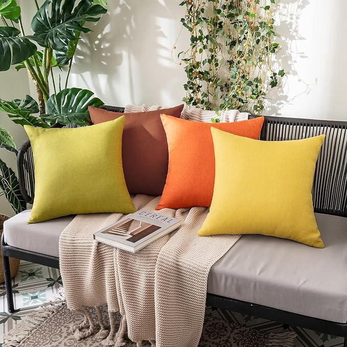 MIULEE Pack of 2 Decorative Outdoor Solid Waterproof Throw Pillow Covers Euro Sham Faux Linen Garden Farmhouse Cushion Cases for Summer Patio Tent Balcony Couch Sofa 22x22 Inch Bright Orange