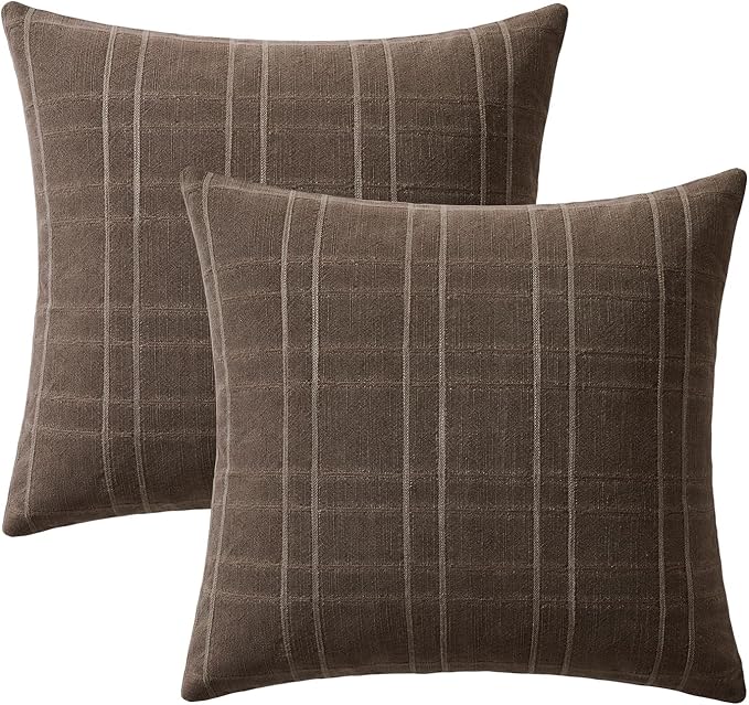MIULEE Decorative Linen Check Throw Pillow Covers Neutral Farmhouse Vintage Pillow Covers 18x18 Set of 2 Boho Modern Home Decor for Sofa Couch Bedroom Cushion Dark Coffee