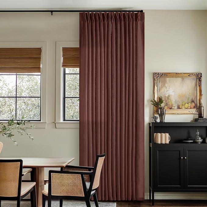 Brick Brown Pinch Pleated Linen Curtains 90 Inches Long for Living Room Bedroom 2 Panels Light Filtering Pinch Pleat Hooks Rings Back Tab Red Chestnut Country Farmhouse 90 Inch Window Curtain Drapes