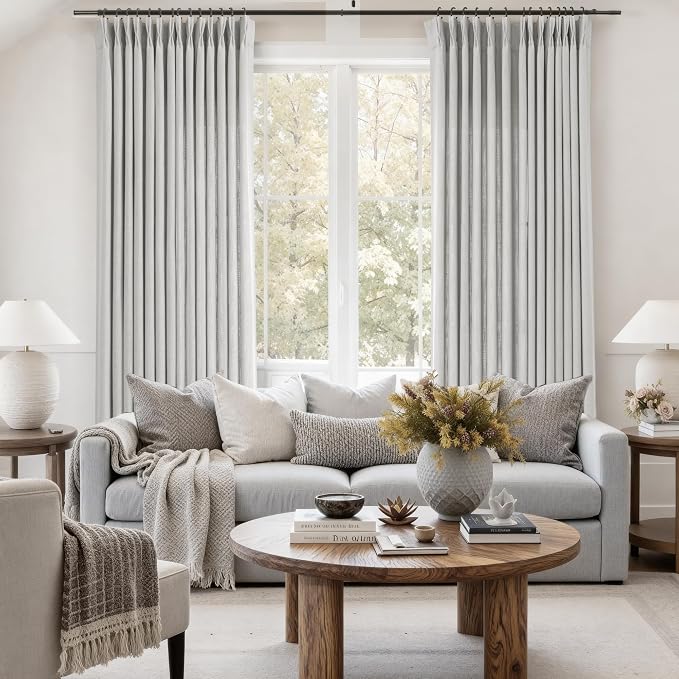 Grey Pinch Pleated Linen Curtains 84 Inch Length 2 Panels for Living Room Bedroom Textured Grey Semi Sheer Drapes Pinch Pleat Rings Window Curtain 40x84