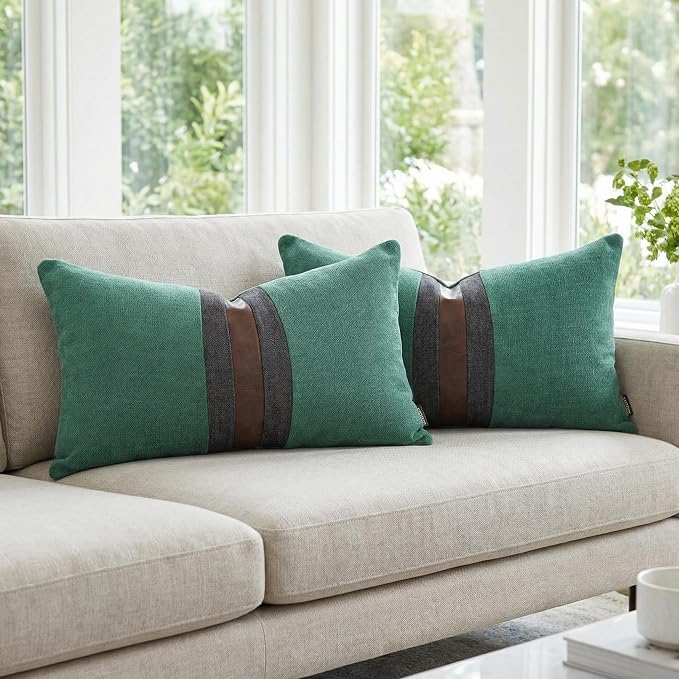 Set of 2 Leather Throw Pillow Covers Lumbar Cotton Linen Decor Patchwork Pillow Cover Faux Leather Pillows Cover for Couch Sofa Living Room Bedroom,Grass Green 12"x20"