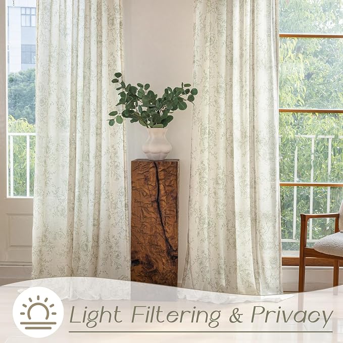 Green Floral Curtains 102 inch Length Back Tab Farmhouser Living Room Light Filtering Curtains Green Pattern Print on Cream White Linen Curtain Minimalist Aesthetic Sketch Style Vintage Room Decor