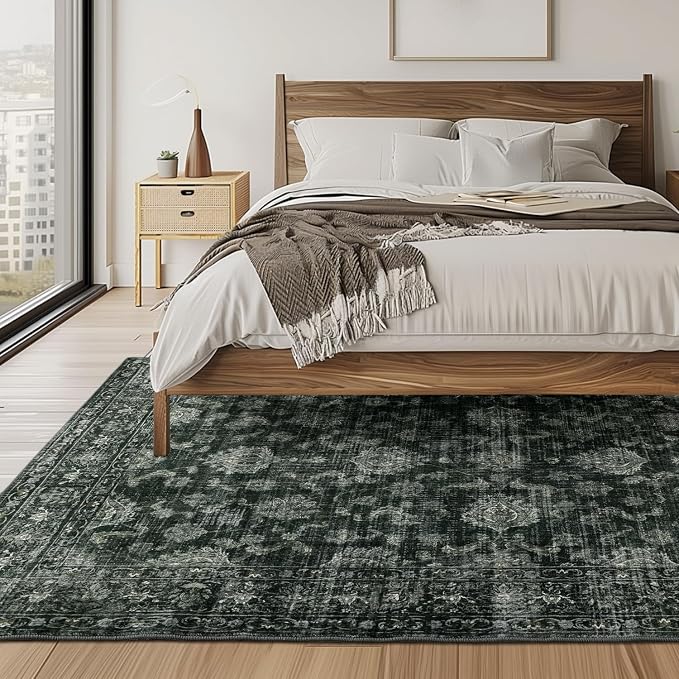 FROZZUR Boho Green Area Rug 6x9 Large Vintage Rug for Living Room Bedroom Dining Table, Non Slip Distressed Washable Rugs for Home Office Christmas Decor Green