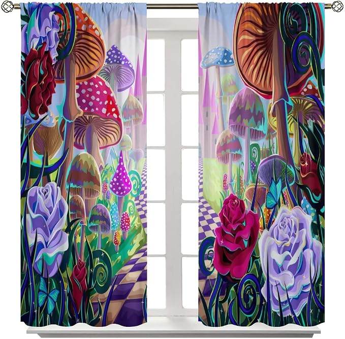 Fantasy Mushroom Curtains,Fairytale Forest Plant Castle Print Window Treatments for Bedroom Living Room Kitchen Colorful Cartoon Floral Window Drapes 2 Panels Set,Total Size55 x 63 Inch