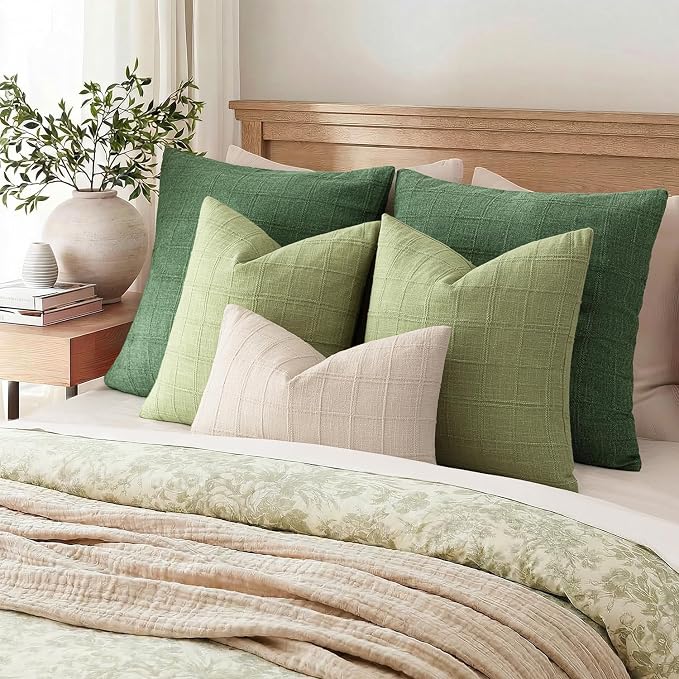 Foindtower Set of 2 Decorative Linen Check Throw Pillow Covers Neutral Farmhouse Vintage Cushion Covers Modern Boho Accent Home Decor for Sofa Chair Couch Bedroom Living Room,20×20 Inch,Light Green
