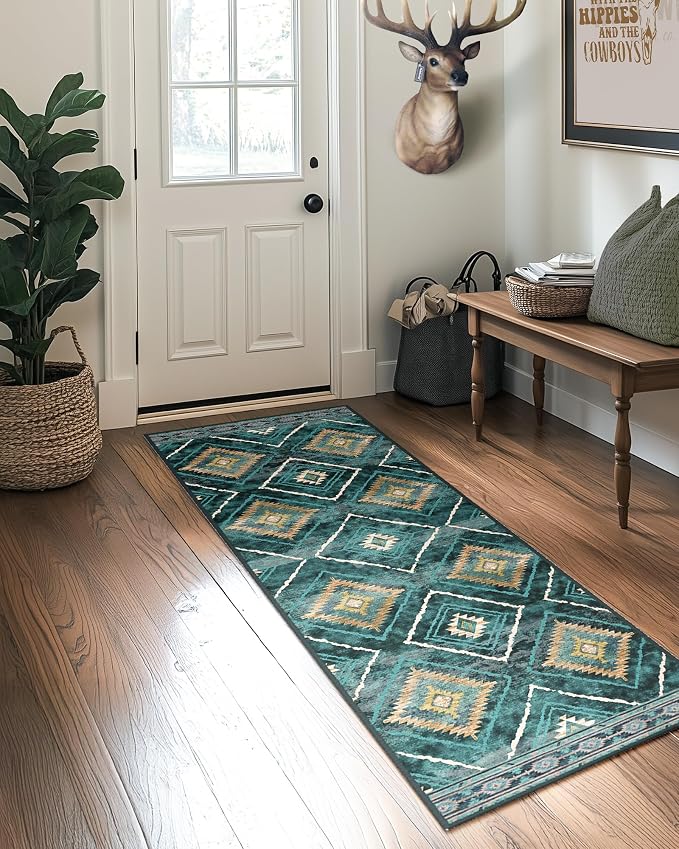 BESTSWEETIE Area Rug 2x10 Rug Machine Washable Non-Slip Low Pile Print Pattern Western Rug for Living Room Bedroom Entryway Tribal Series -Teal/Green