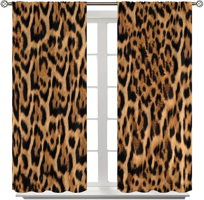 Leopard Print Blackout Curtains, Wild Animal Skin Black Brown Fur Leopard Print Rod Pocket Curtain Window Treatments 2 Panels Drapes for Nursery Living Room Bedroom Kitchen Decor 72"W X 63"L
