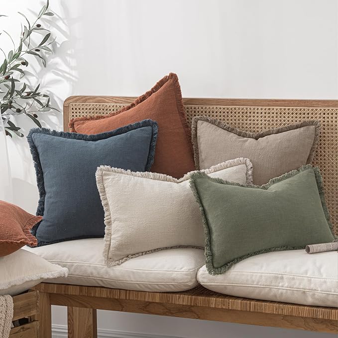 MIULEE Decorative Throw Pillow Covers Neutral Linen Fringe Throw Pillows Euro Shams Set of 2 Dune Boho Farmhouse Cushion Covers for Couch Sofa Bed Living Room Fall Home Decor 24x24 Inch