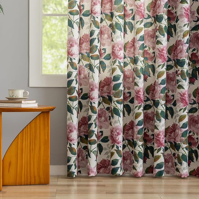 Linen Blend Glass Sliding Door Curtain 100x84 inches Vintage Floral Patio Door Curtains Extra Wide Privacy Curtains for Room Divider Grommet Farmhouse Country Chic Drapes 1 Panel W100 x L84 Pink