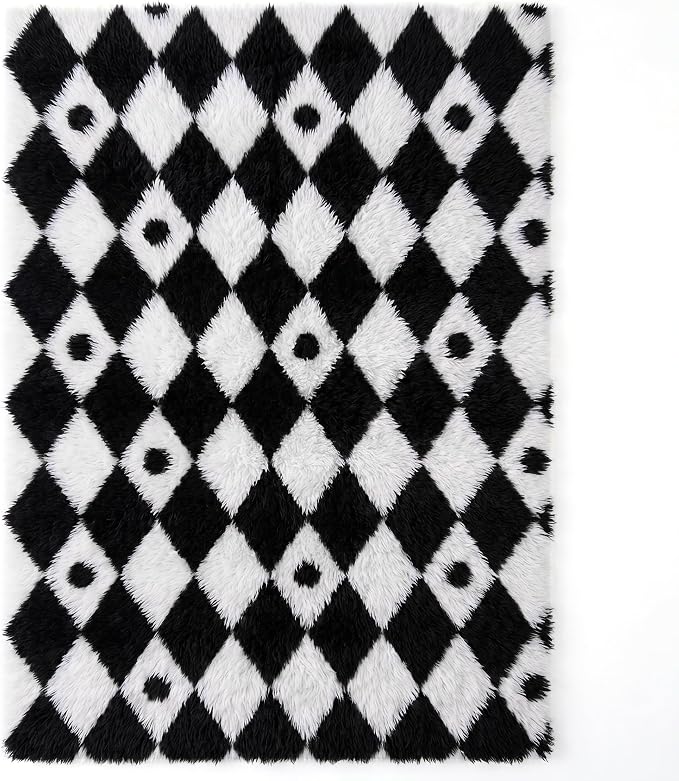 PureCozy Checkered Rug 5x7 Fluffy Shag Living Room Black and White Area Rug Modern Washable Carpet Soft Shaggy Non Slip Indoor Plush Fuzzy Rugs for Bedroom Dorm Office Home Aesthetic Decor