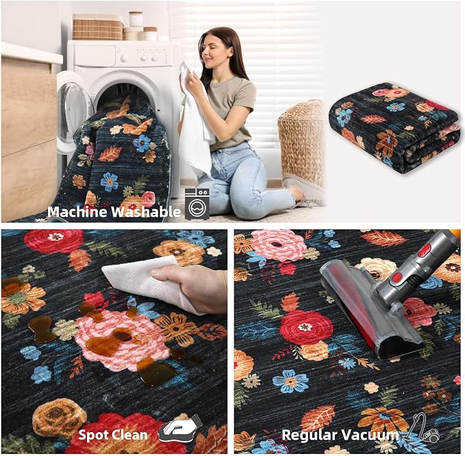 3x5 Washable Area Rugs for Bedroom: Entryway Rug with Non Slip Backing Low Pile Soft Faux Wool Distressed Vintage Floral Small Throw Rugs for Living Room Kitchen Office Dorm Entrance Enytry Indoor