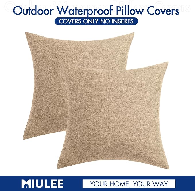 MIULEE Pack of 2 Decorative Outdoor Solid Waterproof Throw Pillow Covers Faux Linen Garden Farmhouse Cushion Cases for Patio Tent Balcony Couch Sofa 20x20 Inch Light Tan
